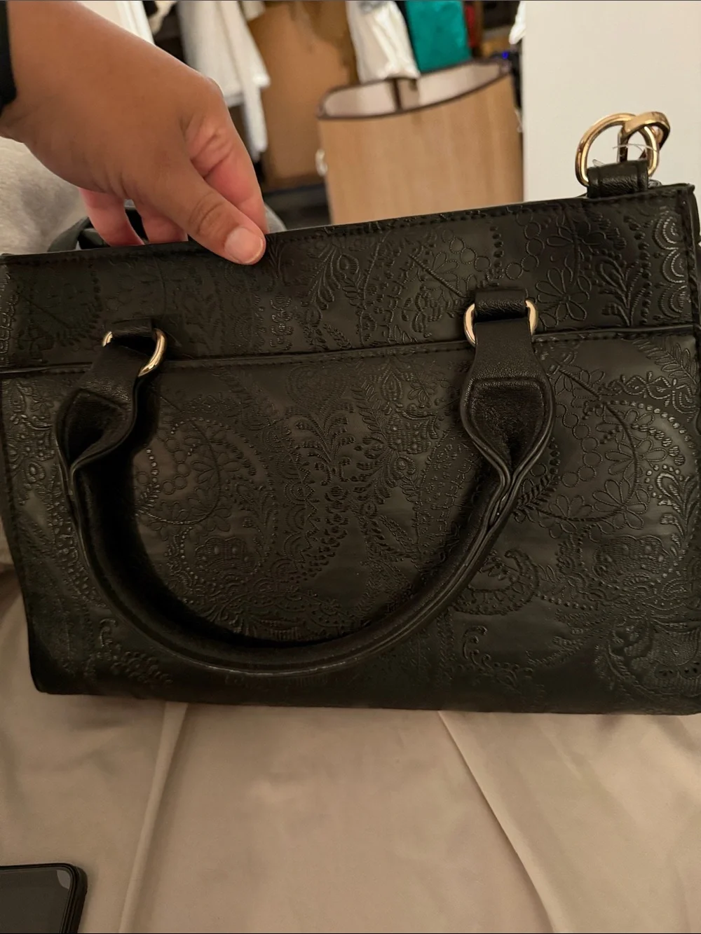 Rosetti Black Embossed Satchel with Gold Hardware